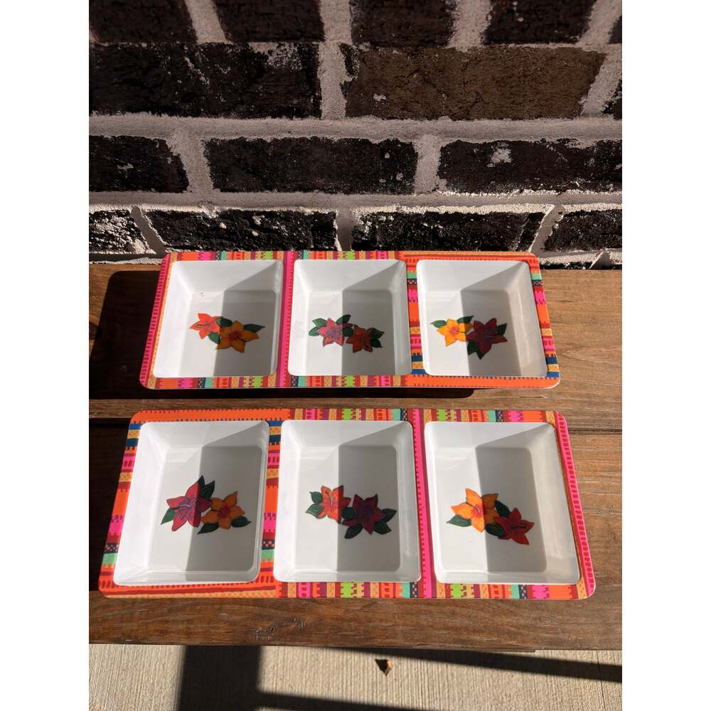 Evergreen Set 2 Triple Section Serving Trays Floral Fiesta Dip Appetizer Dishes - Picture 6 of 8